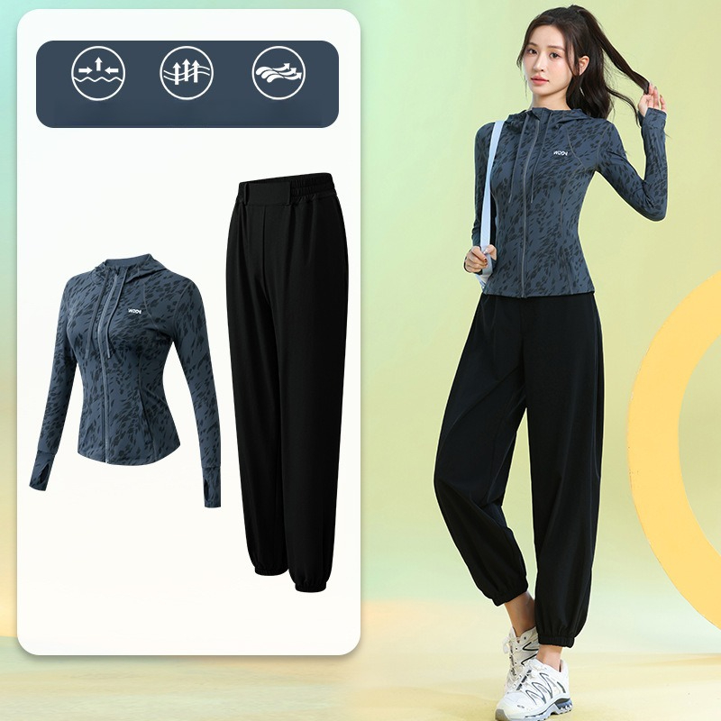 Running Gear - Damen-Laufanzüge, langärmelig, mit Blumenmuster, Reißverschluss, Kapuzenpullover,